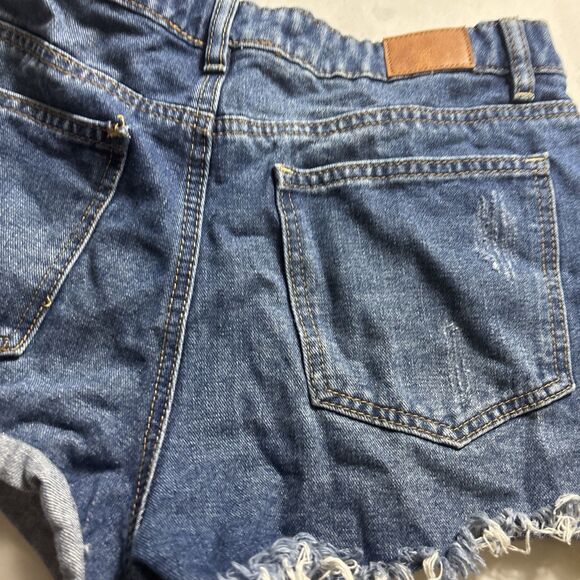 PROJECT REBEL DENIM Raw Hem Checkered Medium Wash High Rise Cut Off Shorts BL - Picture 11 of 15
